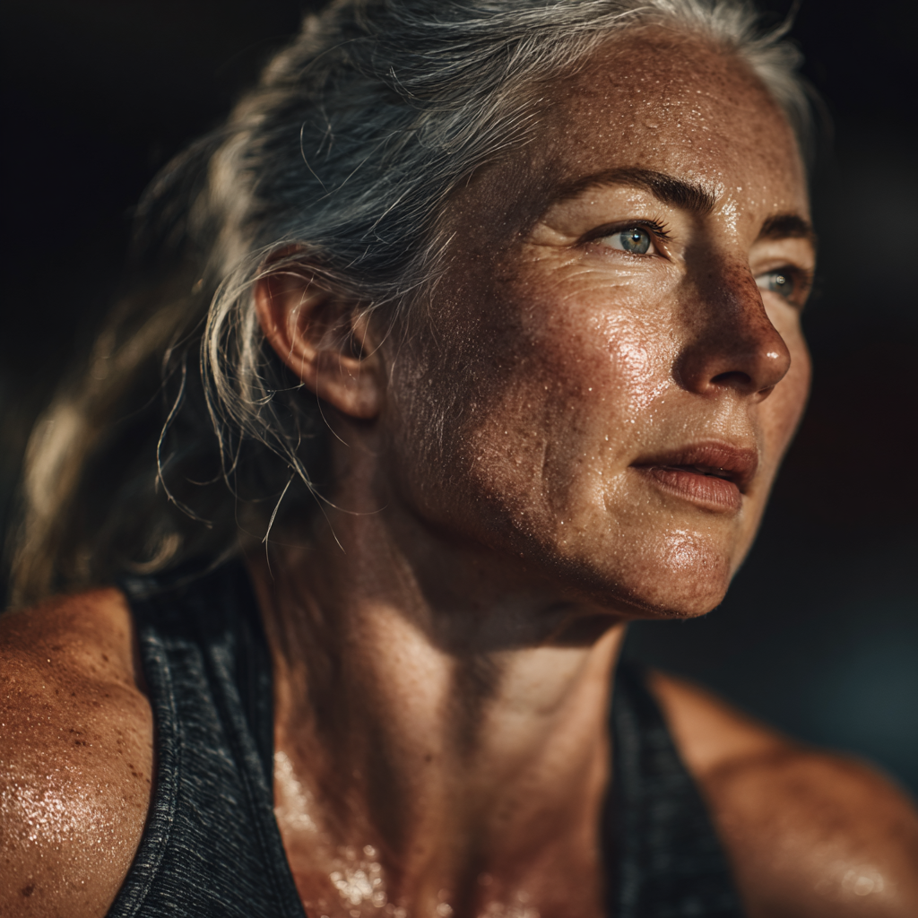 Mujer de 52 años realizando entrenamiento HIIT en gimnasio, sudando y mostrando determinación durante ejercicio funcional