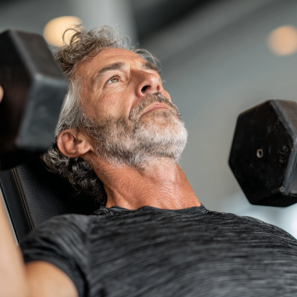 Hombre de 55 años entrenando con pesas en gimnasio moderno, mostrando determinación y fuerza