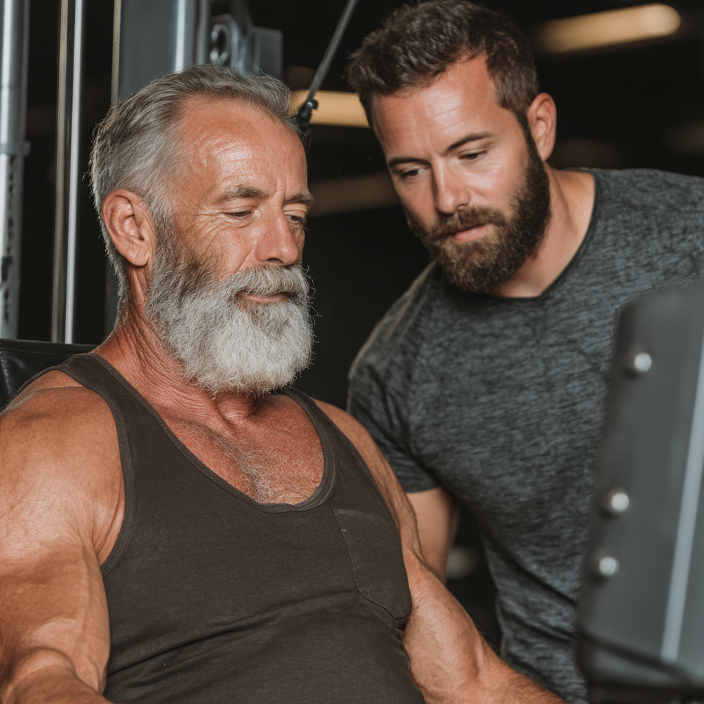 Hombre de 58 años entrenando con entrenador personal en gimnasio, recibiendo orientación especializada para ejercicios de fuerza
